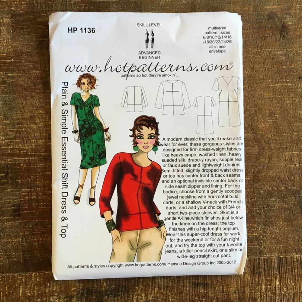 Hot Patterns Sewing Pattern 1136 Simple Essential Shift Dress Top 6-26 UNCUT